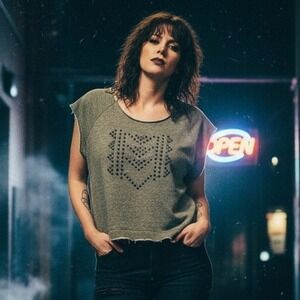 Ya Los Angeles Shirt Women Large Green Cut Off Sweatshirt Sheer Studded Distress